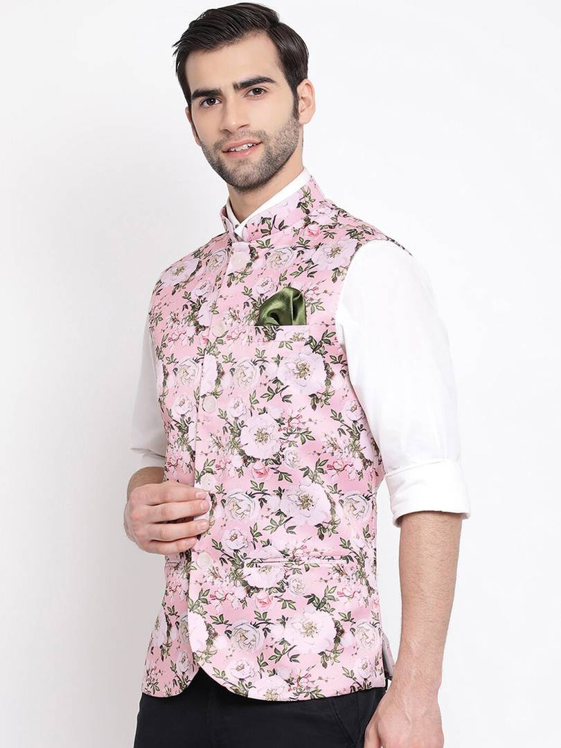 Men's Pink 
Silk Blend
 Printed Nehru Jackets